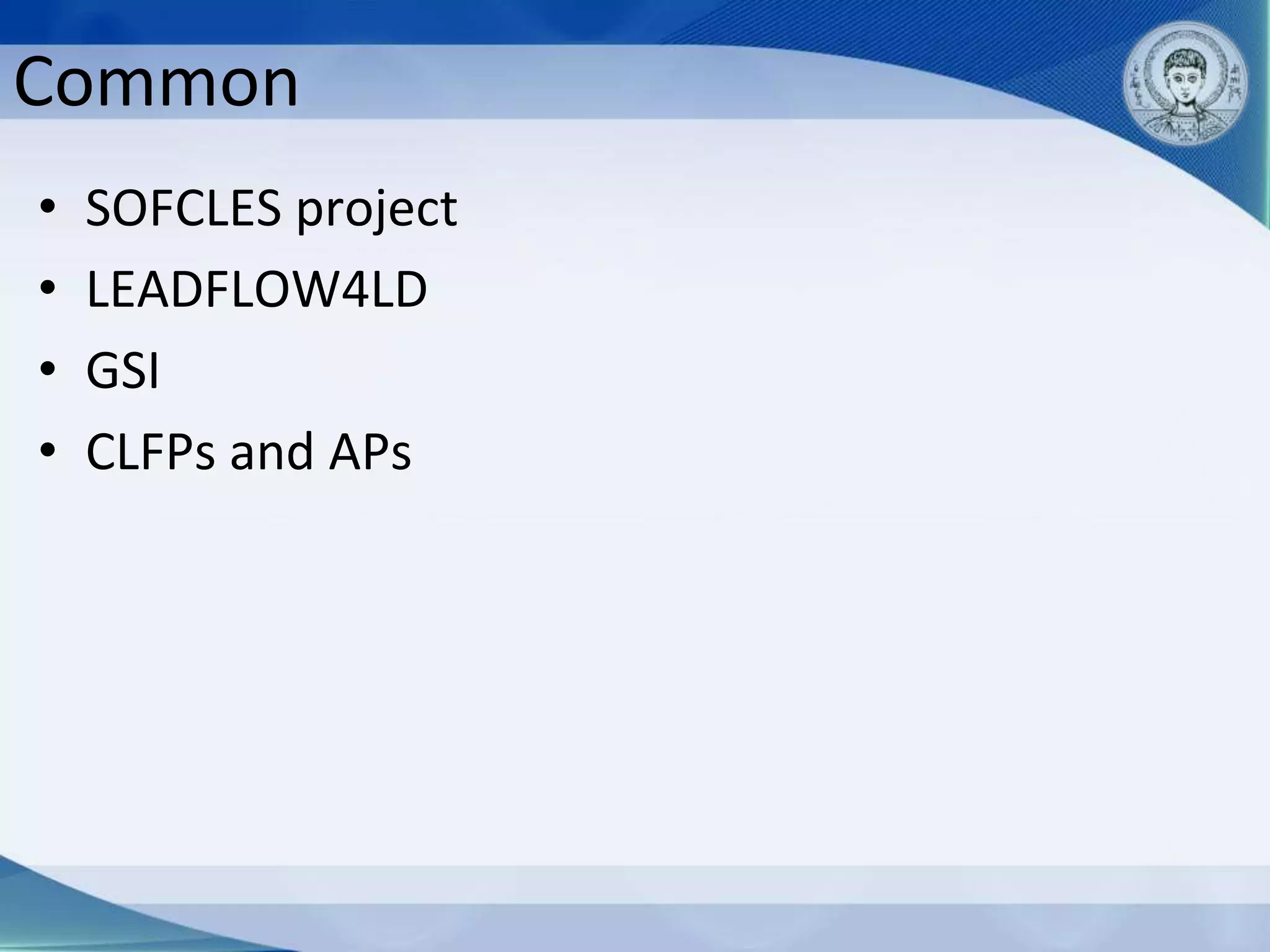 Common
•   SOFCLES project
•   LEADFLOW4LD
•   GSI
•   CLFPs and APs
 