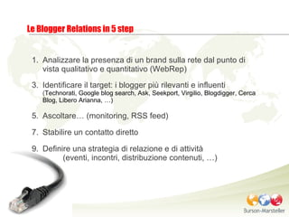 Analizzare la presenza di un brand sulla rete dal punto di vista qualitativo e quantitativo (WebRep) Identificare il target: i blogger più rilevanti e influenti  ( Technorati, Google blog search, Ask, Seekport, Virgilio, Blogdigger, Cerca Blog, Libero Arianna, … ) Ascoltare… (monitoring, RSS feed) Stabilire un contatto diretto Definire una strategia di relazione e di attività   (eventi, incontri, distribuzione contenuti, …) Le Blogger Relations in 5 step 