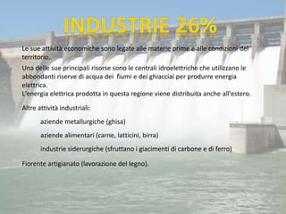 Le sue attività economiche sono legate alle materie prime e alle condizioni del
territorio.
Una delle sue principali risorse sono le centrali idroelettriche che utilizzano le
abbondanti riserve di acqua dei fiumi e dei ghiacciai per produrre energia
elettrica.
L'energia elettrica prodotta in questa regione viene distribuita anche all'estero.
Altre attività industriali:
aziende metallurgiche (ghisa)
aziende alimentari (carne, latticini, birra)
Fiorente artigianato (lavorazione del legno).
industrie siderurgiche (sfruttano i giacimenti di carbone e di ferro)
 