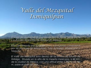 Valle del MezquitalValle del Mezquital
IxmiquilpanIxmiquilpan
El Valle del Mezquital es una de las diez regiones geográficasEl Valle del Mezquital es una de las diez regiones geográficas
y culturales del Estado de Hidalgo en México.y culturales del Estado de Hidalgo en México.
Está conformado por al menos cinco subregiones compuestasEstá conformado por al menos cinco subregiones compuestas
por las planicies de Ixmiquilpan, Tula, Actopan, Alfajayucan ypor las planicies de Ixmiquilpan, Tula, Actopan, Alfajayucan y
Tasquillo.Tasquillo.
El Valle del Mezquital está dentro de los límites del Estado deEl Valle del Mezquital está dentro de los límites del Estado de
Hidalgo. Situado en lo alto de la meseta mexicana, a 60 Km.Hidalgo. Situado en lo alto de la meseta mexicana, a 60 Km.
de la ciudad de México, con una altitud entre 1,700 m y 2,100de la ciudad de México, con una altitud entre 1,700 m y 2,100
m. sobre el nivel del mar .m. sobre el nivel del mar .
 