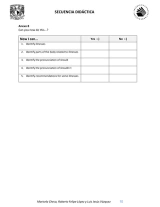 SECUENCIA DIDÁCTICA
Marisela Checa, Roberto Felipe López y Luis Jesús Vázquez 10
Anexo 8
Can you now do this...?
Now I can... Yes :-) No :-(
1. Identify illnesses
2. Identify parts of the body related to illnesses
3. Identify the pronunciation of should
4. Identify the pronunciation of shouldn´t
5. Identify recommendations for some illnesses
 