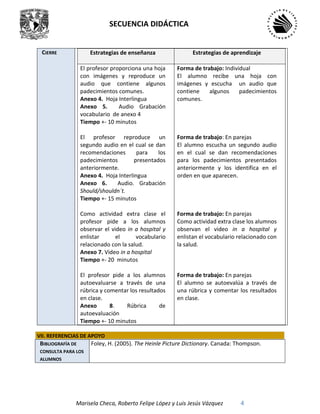 SECUENCIA DIDÁCTICA
Marisela Checa, Roberto Felipe López y Luis Jesús Vázquez 4
CIERRE Estrategias de enseñanza Estrategias de aprendizaje
El profesor proporciona una hoja
con imágenes y reproduce un
audio que contiene algunos
padecimientos comunes.
Anexo 4. Hoja Interlingua
Anexo 5. Audio Grabación
vocabulario de anexo 4
Tiempo +- 10 minutos
El profesor reproduce un
segundo audio en el cual se dan
recomendaciones para los
padecimientos presentados
anteriormente.
Anexo 4. Hoja Interlingua
Anexo 6. Audio. Grabación
Should/shouldn´t.
Tiempo +- 15 minutos
Como actividad extra clase el
profesor pide a los alumnos
observar el video in a hospital y
enlistar el vocabulario
relacionado con la salud.
Anexo 7. Video in a hospital
Tiempo +- 20 minutos
El profesor pide a los alumnos
autoevaluarse a través de una
rúbrica y comentar los resultados
en clase.
Anexo 8. Rúbrica de
autoevaluación
Tiempo +- 10 minutos
Forma de trabajo: Individual
El alumno recibe una hoja con
imágenes y escucha un audio que
contiene algunos padecimientos
comunes.
Forma de trabajo: En parejas
El alumno escucha un segundo audio
en el cual se dan recomendaciones
para los padecimientos presentados
anteriormente y los identifica en el
orden en que aparecen.
Forma de trabajo: En parejas
Como actividad extra clase los alumnos
observan el video in a hospital y
enlistan el vocabulario relacionado con
la salud.
Forma de trabajo: En parejas
El alumno se autoevalúa a través de
una rúbrica y comentar los resultados
en clase.
VII. REFERENCIAS DE APOYO
BIBLIOGRAFÍA DE
CONSULTA PARA LOS
ALUMNOS
Foley, H. (2005). The Heinle Picture Dictionary. Canada: Thompson.
 