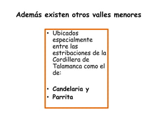 Además existen otros valles menoresUbicados especialmente entre las estribaciones de la Cordillera de Talamanca como el de:Candelaria yParrita 