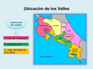 Ubicación de los Valles
1-Valle del Tempisque
2- Valle Central
3- Valle del General-
Coto Brus
Clasificación
por colores
 