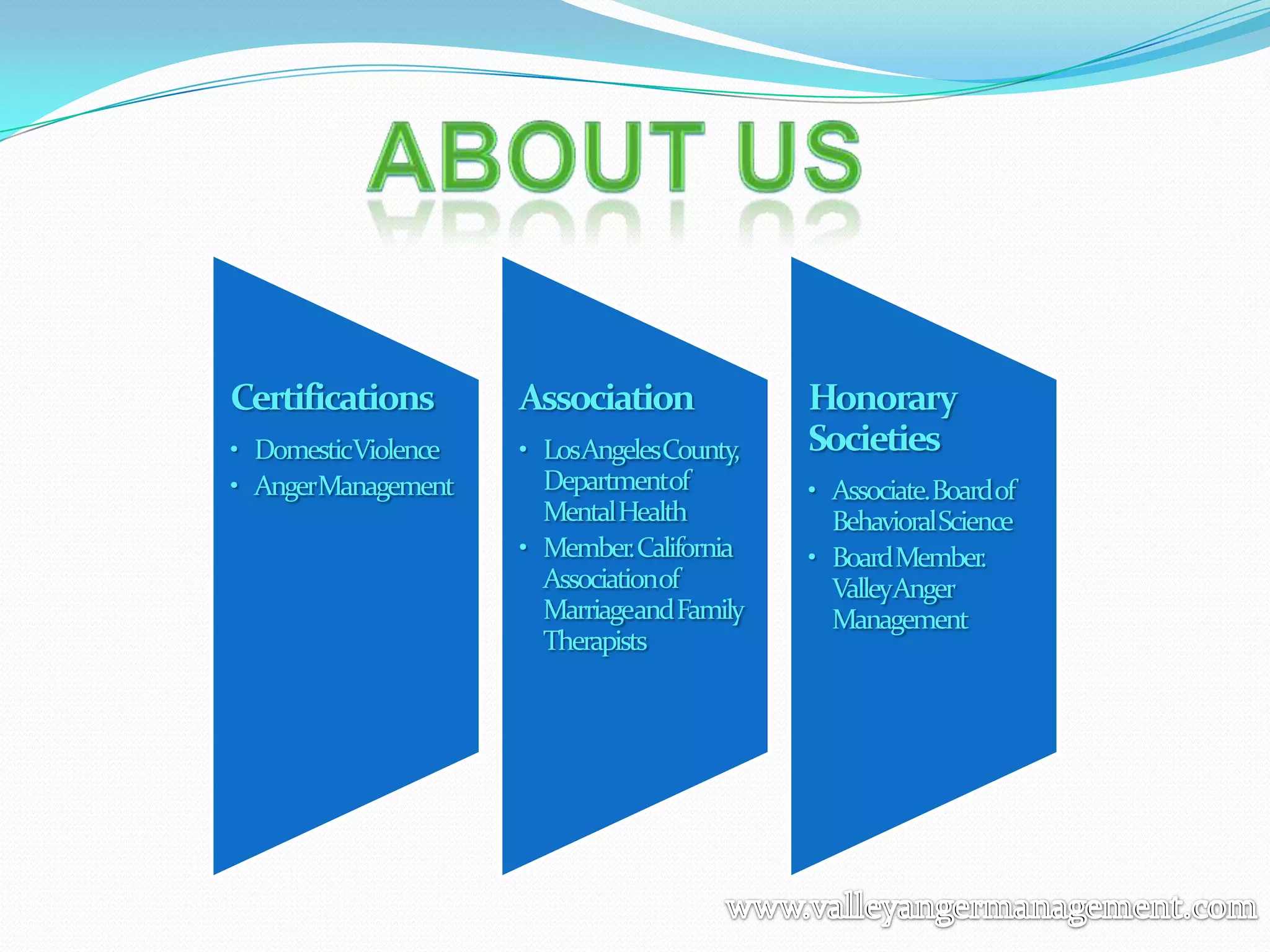 Certifications       Association            Honorary
• DomesticViolence   • LosAngelesCounty,    Societies
• AngerManagement      Departmentof         • Associate.Board of
                       Mental Health          Behavioral Science
                     • Member. California   • Board Member.
                       Associationof          ValleyAnger
                       Marriageand Family     Management
                       Therapists
 