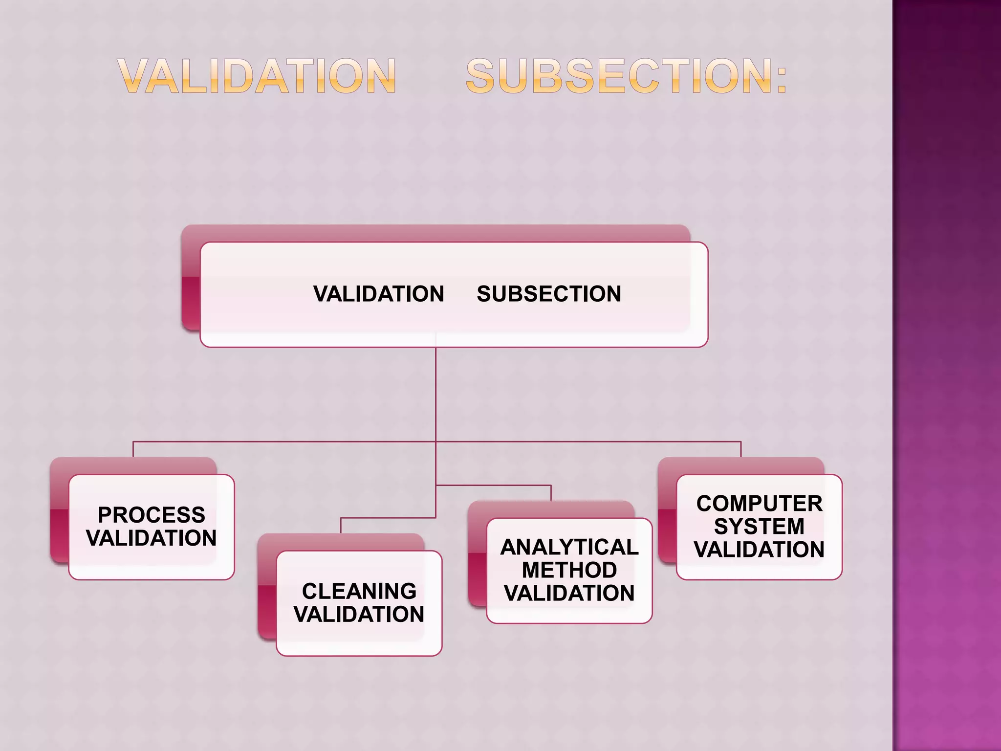VALIDATION SUBSECTION
PROCESS
VALIDATION
CLEANING
VALIDATION
ANALYTICAL
METHOD
VALIDATION
COMPUTER
SYSTEM
VALIDATION
 