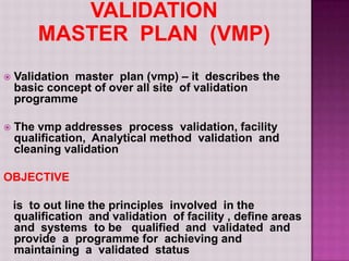 VALIDATION
MASTER PLAN (VMP)
 Validation master plan (vmp) – it describes the
basic concept of over all site of validation
programme
 The vmp addresses process validation, facility
qualification, Analytical method validation and
cleaning validation
OBJECTIVE
is to out line the principles involved in the
qualification and validation of facility , define areas
and systems to be qualified and validated and
provide a programme for achieving and
maintaining a validated status
 