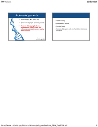 PM Vallone 10/20/2014 
Acknowledgements 
• Stable funding (NIJ, NIST, FBI) 
• Great team of people (past and present) 
• Forensic DNA typing built on a 
foundation of science, QAS, and 
reference materials to ensure quality 
measurements 
Contact Information 
peter.vallone@nist.gov 
• Stable funding 
• Great team of people 
• Focused goals 
• Forensic DNA typing built on a foundation of science 
and QAS 
http://www.cstl.nist.gov/biotech/strbase/pub_pres/Vallone_SPIN_Oct2014.pdf 6 
