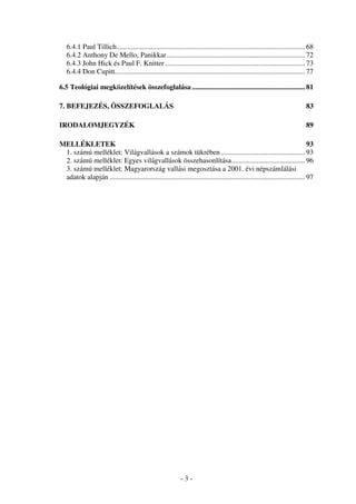 6.4.1 Paul Tillich......................................................................................................... 68
   6.4.2 Anthony De Mello, Panikkar ............................................................................. 72
   6.4.3 John Hick és Paul F. Knitter .............................................................................. 73
   6.4.4 Don Cupitt.......................................................................................................... 77

6.5 Teológiai megközelítések összefoglalása ............................................................... 81

7. BEFEJEZÉS, ÖSSZEFOGLALÁS                                                                                                  83

IRODALOMJEGYZÉK                                                                                                              89

MELLÉKLETEK                                                                                                                   93
 1. számú melléklet: Világvallások a számok tükrében ............................................... 93
 2. számú melléklet: Egyes világvallások összehasonlítása......................................... 96
 3. számú melléklet: Magyarország vallási megosztása a 2001. évi népszámlálási
 adatok alapján ............................................................................................................. 97




                                                             -3-
 