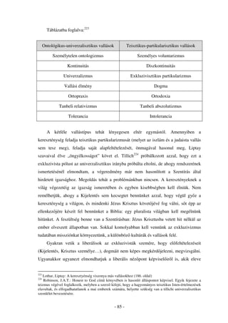 Táblázatba foglalva:223


      Ontológikus-univerzalisztikus vallások             Teisztikus-partikularisztikus vallások

           Személytelen ontologizmus                           Személyes voluntarizmus

                   Kontinuitás                                       Diszkontinuitás

                 Univerzalizmus                            Exkluzivisztikus partikularizmus

                 Vallási élmény                                           Dogma

                   Ortopraxis                                           Ortodoxia

              Tanbeli relativizmus                               Tanbeli abszolutizmus

                   Tolerancia                                          Intolerancia


        A kétféle vallástípus tehát lényegesen eltér egymástól. Amennyiben a
kereszténység feladja teisztikus partikularizmusát (melyet az iszlám és a judaista vallás
sem tesz meg), feladja saját alapfeltételezését, önmagával hasonul meg, Liptay
szavaival élve „öngyilkosságot” követ el. Tillich224 próbálkozott azzal, hogy ezt a
exkluzivista pólust az univerzalisztikus irányba próbálta eltolni, de ahogy rendszerének
ismertetésénél elmondtam, a végeredmény már nem hasonlított a Szentírás által
hirdetett igazsághoz. Megoldás tehát a problémánkban nincsen. A keresztényeknek a
világ végezetéig az igazság ismeretében és egyben kisebbségben kell élniük. Nem
remélhetjük, ahogy a Kijelentés sem kecsegtet bennünket azzal, hogy végül gy z a
kereszténység a világon, és mindenki Jézus Krisztus követ jévé fog válni, s t épp az
ellenkez jére készít fel bennünket a Biblia: egy pluralista világban kell megélnünk
hitünket. A feszültség benne van a Szentírásban: Jézus Krisztusba vetett hit nélkül az
ember elveszett állapotban van. Sokkal komolyabban kell vennünk az exkluzivizmus
tudatában missziónkat környezetünk, a különböz kultúrák és vallások felé.
        Gyakran vetik a liberálisok az exkluzivisták szemére, hogy el feltételezéseit
(Kijelentés, Krisztus személye…), dogmáit nem képes megkérd jelezni, megvizsgálni.
Ugyanakkor ugyanezt elmondhatjuk a liberális néz pont képvisel ir l is, akik eleve


223
   Lothar, Liptay: A keresztyénség viszonya más vallásokhoz (186. oldal)
224
    Robinson, J.A.T.: Honest to God cím könyvében is hasonló álláspontot képvisel. Egyik fejezete a
teizmus végével foglalkozik, melyben a szerz kifejti, hogy a hagyományos teisztikus Isten-értelmezések
elavultak, és elfogadhatatlanok a mai emberek számára, helyette szükség van a tillichi univerzalisztikus
szemlélet bevezetésére.


                                                - 85 -
 