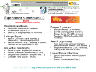 Expériences numériques (II) Terra réseau scientifique, réseau numérique Rencontres publiques Séminaires, conférences, colloques 33 rencontres depuis 2003  Entre 30 et 200 personnes par rencontre Listes publiques TERRA-Quotidien : 2 515 abonnés, 6 modérateurs, 100 messages par mois  TERRA-Mensuel : 97 633 abonnés, 1 bulletin mensuel sur les publications du site Site web et publications Revue en ligne : Asylon(s) (8 numéros) Recueil numérique : Alexandries (10 coll.) Encyclopédie numérique : EncycloTerra (…) Collection Terra (papier) : 9 livres Equipes & groupes Equipe Editoriale (28 membres) Comité scientifique (178 membres) Groupe du site Web (16 membres) Régulation [TERRA-Quotidien] (18 membres) Axes & programmes Axes autonomes (camps d’étrangers, persécutions des femmes, asile sociétal…) Programmes financés (Asile, Frontières, Transguerres, Discrets, Exclim…) Listes internes et bureaux Une dizaine de listes internes (Sympa, Mailman) Bureau intranet (Agora-Project) Charte de Terra :  http:// www.reseau-terra.eu /article869.html 