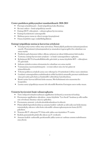 Center-puoluheen pääkysymykset mandaattikauele 2010-2014
   •   Parempi yritysklimaatti – lissää työpaikkoja koko Ruottissa
   •   Revimä estheet – lissää työpaikkoja nuorile
   •   Enämpi RUT-vähenyksiä – valinanvaphaus hyvinvoinissa
   •   Enämpi kariääriteitä vaimonpuolile
   •   Mailman paras ruassa ja vihreä energia-kysymyksissä
   •   Otama käythöön super-miljööbiilipalkkion

Enämpi työpaikkoja uusissa ja kasvavissa yrityksissä
   •   Useampi yritys tarttee tohtia ottaa työvoimaa. Piämä jäljelä puolitetun työnantajamakson
       nuorile. Pienenämmä työnantajamaksot ja omamaksot (egenavgifter) ko rahatilane sen
       antaa myötä.
   •   Puolitettu palvelumomsi tekkee ulkona syömisen ja tukan leikkaamisen halvemaksi.
   •   Tarttema enämpi hyvinvointi-yrityksiä – se lissää vaimonpuolitten vaphautta.
   •   Kehitämmä RUT:iä huushollilikheisille palveluile ja otama käythöön RIT – vähenyksen
       IT-palveluile.
   •   Jatkama työtuloveroitten alentamista ko rahatilane sen antaa myötä.
   •   Vastustamma nuorisotyöttömyyttä – revimä estheet niin ette het pääsevät
       työmarkkinoile.
   •   Tehemä poikkeus yrityksile joissa oon vähempi ko 10 työntekiää LAS:in vuoro-säänöissä.
   •   Lissäämä vaimonpuolitten maholisuuksia tehhä kariääriä antamalla paremat maholisuuet
       ostaa privaattia palveluita ja lissäämällä vaihtoehtoja lastenhuolossa.
   •   Ruotti tarttee kasvua (tillväxt) koko maassa. Met kehitämmä niin maaseutua ko
       kaupunkia.
   •   Luoma uusia työpaikkoja maaseu´ule tekemällä Ruottista Euruupan uuen ruoka-maan.


Uuistettu hyvinvointi lissää valinanvaphautta
   •   Tieto-miljaardi stimyleeraahmaan oppilhaitten kehitystä ja menestyviä kouluja.
   •   Paranamma oppilhaitten oikeuksia– otama käythöön ”Lex Sarah” koulussa ja sillä mallin
       oon velvolisuus ilmottaa vakavia epäkohtia.
   •   Paranamma ammatti- ja korkeakoulukoulutuksen kvaliteetä.
   •   Piämä jäljelä lapsenhoitorahan ja annama kaikile vanhoile ja niile joila oon heikentynny
       toimintakyky oikeuen valita hoito tekemällä valinanvaphaussysteemi-laista (LOV)
       pakolisen.
   •   Nostama RUT-vähenystä 75 %:hiin niile jokka oon täyttänheet 75 vuotta.
   •   Kaikila pansunäärilä pittää olla oikeus saa F-verokuitti.
   •   Annama kaikile vanhemille pariskunnille jokka tarttevat vanhuus-asunon maholisuuen
       asua yhessä.




                                               2
 