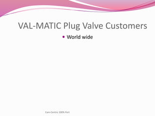VAL-MATIC Plug Valve Customers
 World wide
Cam-Centric 100% Port
 