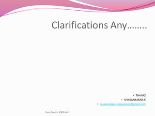 Clarifications Any……..
• THANKS
• SIVASANKARAN.K
• sivaasankaran.karuppiah@gmail.com
Cam-Centric 100% Port
 