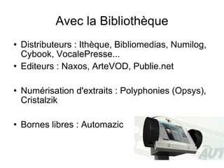 Avec la Bibliothèque Distributeurs : Ithèque, Bibliomedias, Numilog, Cybook, VocalePresse... Editeurs : Naxos, ArteVOD, Publie.net Numérisation d'extraits : Polyphonies (Opsys), Cristalzik Bornes libres : Automazic 