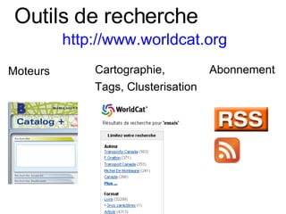 Outils de recherche Cartographie,  Tags, Clusterisation http://www.worldcat.org Moteurs Abonnement 
