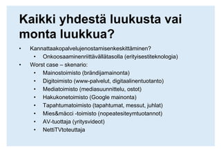 Kokonaisvaltainen markkinointiviestintäViestinnässämukanajokainenkosketuspintaloppuasiakkaanjabrändinvälilläEsite, ilmoitus, tapahtumatSähköpostiviestit, www-sivutToimitilat, henkilöstöItsetuote tai palveluTyylilajinjaulkosenilmeenkauttatapahtuva “intergointi” jayhdenmukaisuusajatteluei ole ratkaisu