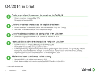 February 6, 2015 © Valmet6
• Orders received increased by 17%
• Services net sales stable
• EBITA1 increased in Q4/2014 co...