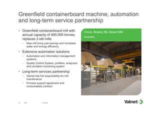 Greenfield containerboard machine, automation
and long-term service partnership
 Greenfield containerboard mill with
annual capacity of 400,000 tonnes,
replaces 3 old mills
– New mill bring cost savings and increases
water and energy efficiency
 Extensive automation solutions
– Automation and information management
systems
– Quality Control System, profilers, analyzers
and condition monitoring system
 Long-term services partnership
– Valmet has full responsibility for mill
maintenance
– Process support agreement and
consumables contract
2015 © Valmet39
Orora, Botany B9, Board Mill
Australia
 