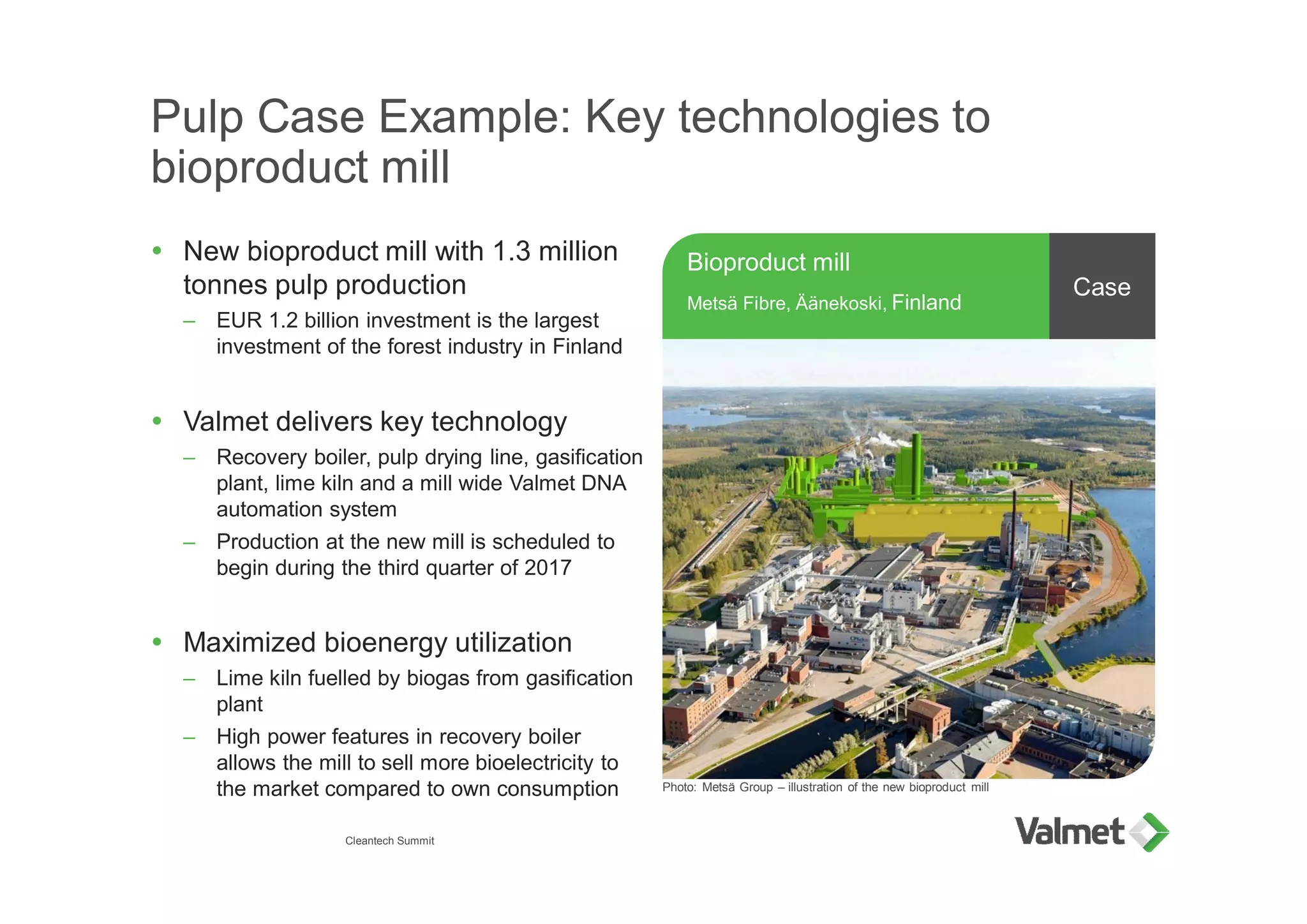 Pulp Case Example: Key technologies to
bioproduct mill
Ÿ New bioproduct mill with 1.3 million
tonnes pulp production
– EUR 1.2 billion investment is the largest
investment of the forest industry in Finland
Ÿ Valmet delivers key technology
– Recovery boiler, pulp drying line, gasification
plant, lime kiln and a mill wide Valmet DNA
automation system
– Production at the new mill is scheduled to
begin during the third quarter of 2017
Ÿ Maximized bioenergy utilization
– Lime kiln fuelled by biogas from gasification
plant
– High power features in recovery boiler
allows the mill to sell more bioelectricity to
the market compared to own consumption
Cleantech Summit
Bioproduct mill
Metsä Fibre, Äänekoski, Finland
Photo: Metsä Group – illustration of the new bioproduct mill
Case
 