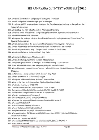 Valmiki ramayana self test questions | PDF