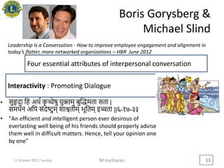 Boris Gorysberg &
Michael Slind
M Hariharan 13
Interactivity : Promoting Dialogue
Leadership Is a Conversation - How to improve employee engagement and alignment in
today’s flatter, more networked organizations – HBR June 2012
Four essential attributes of interpersonal conversation
• सुहृदा थह अिव कृ च्चेषु युक्तम् बुद्िमता सता |
समिेन अथप संदेष्टुम् शाश्वतीम् भूथतम् इच्चता ||६-१७-३३
• "An efficient and intelligent person ever desirous of
everlasting well being of his friends should properly advise
them well in difficult matters. Hence, tell your opinion one
by one"
11 October 2015, Sunday
 