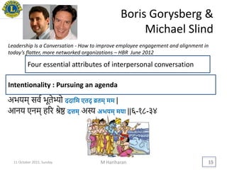 Boris Gorysberg &
Michael Slind
अभयम् सवव भूतेभ्यो ददायम एतद् व्रतम् मम |
आनय एनम् हरर श्रेष्ठ दत्तम् अस्य अििम् मिा ||६-१८-३४
11 October 2015, Sunday M Hariharan 15
Intentionality : Pursuing an agenda
Leadership Is a Conversation - How to improve employee engagement and alignment in
today’s flatter, more networked organizations – HBR June 2012
Four essential attributes of interpersonal conversation
 