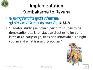Implementation
Kumbakarna to Ravana
• ििः पश्चात्पूवयकािाययण कु िायदैश्वियमाद्थर्थतिः |
पूवं चोत्तरकािाययण न स वेद निानिौ || ६-६३-५
• "He who, abiding in power, performs duties to be
done earlier at a later stage and duties to be done
later, at an early stage, does not know what is a right
course and what is a wrong course."
11 October 2015, Sunday M Hariharan 29
 