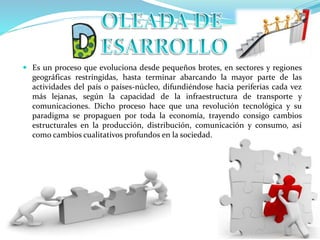  Es un proceso que evoluciona desde pequeños brotes, en sectores y regiones
geográficas restringidas, hasta terminar abarcando la mayor parte de las
actividades del país o países-núcleo, difundiéndose hacia periferias cada vez
más lejanas, según la capacidad de la infraestructura de transporte y
comunicaciones. Dicho proceso hace que una revolución tecnológica y su
paradigma se propaguen por toda la economía, trayendo consigo cambios
estructurales en la producción, distribución, comunicación y consumo, así
como cambios cualitativos profundos en la sociedad.
 