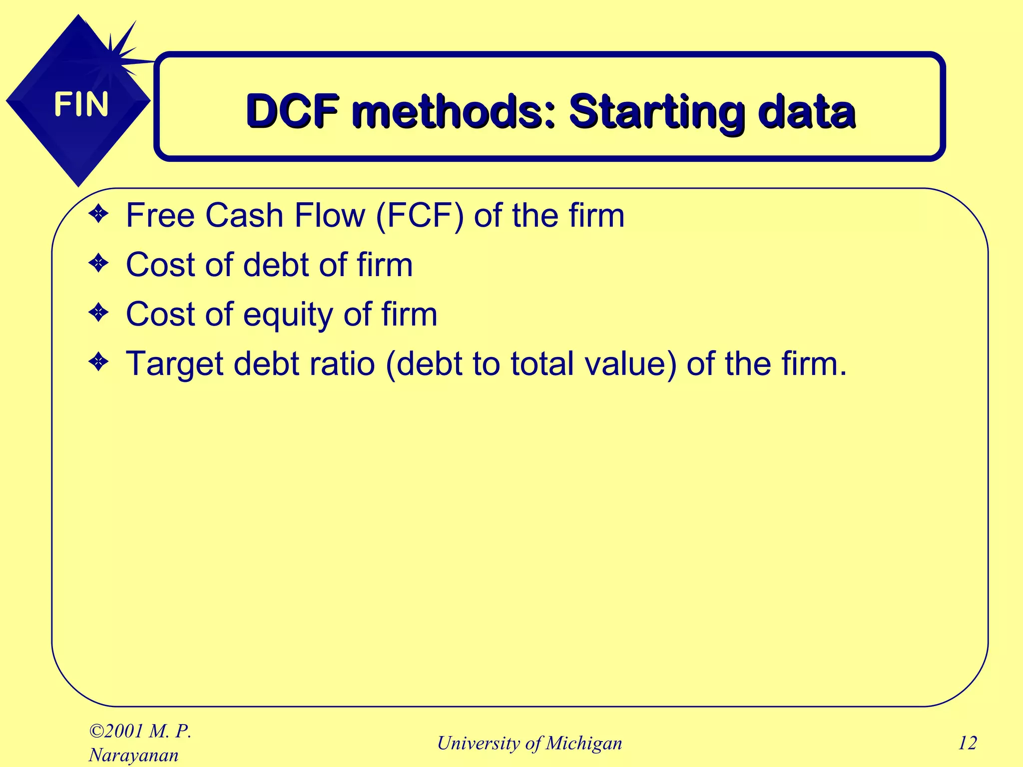 DCF methods: Starting data Free Cash Flow (FCF) of the firm Cost of debt of firm Cost of equity of firm Target debt ratio (debt to total value) of the firm. 