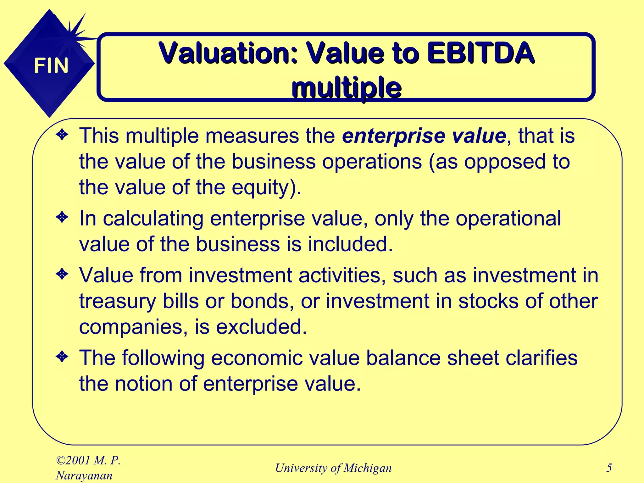 Valuation: Value to EBITDA multiple This multiple measures the  enterprise value , that is the value of the business operations (as opposed to the value of the equity). In calculating enterprise value, only the operational value of the business is included.  Value from investment activities, such as investment in treasury bills or bonds, or investment in stocks of other companies, is excluded. The following economic value balance sheet clarifies the notion of enterprise value. 