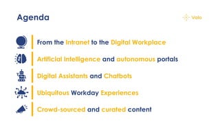 Agenda
From the Intranet to the Digital Workplace
Artificial Intelligence and autonomous portals
Digital Assistants and Chatbots
Ubiquitous Workday Experiences
Crowd-sourced and curated content
 