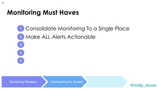 @molly_struve
Make ALL Alerts Actionable
Consolidate Monitoring To a Single Place
Monitoring Must Haves
1
2
3
4
Monitoring Mistakes Overhauling the System The Payoff
52
5
 