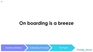 @molly_struve
On boarding is a breeze
Monitoring Mistakes Overhauling the System The Payoff
85
 