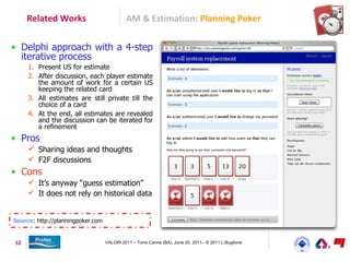 Related Works                          AM & Estimation: Planning Poker

• Delphi approach with a 4-step
  iterative process
     1. Present US for estimate
     2. After discussion, each player estimate
        the amount of work for a certain US
        keeping the related card
     3. All estimates are still private till the
        choice of a card
     4. At the end, all estimates are revealed
        and the discussion can be iterated for
        a refinement
• Pros
      Sharing ideas and thoughts
      F2F discussions
• Cons
      It’s anyway “guess estimation”
      It does not rely on historical data


Source: http://planningpoker.com


12                                 VALOIR 2011 – Torre Canne (BA), June 20, 2011– © 2011 L.Buglione
 