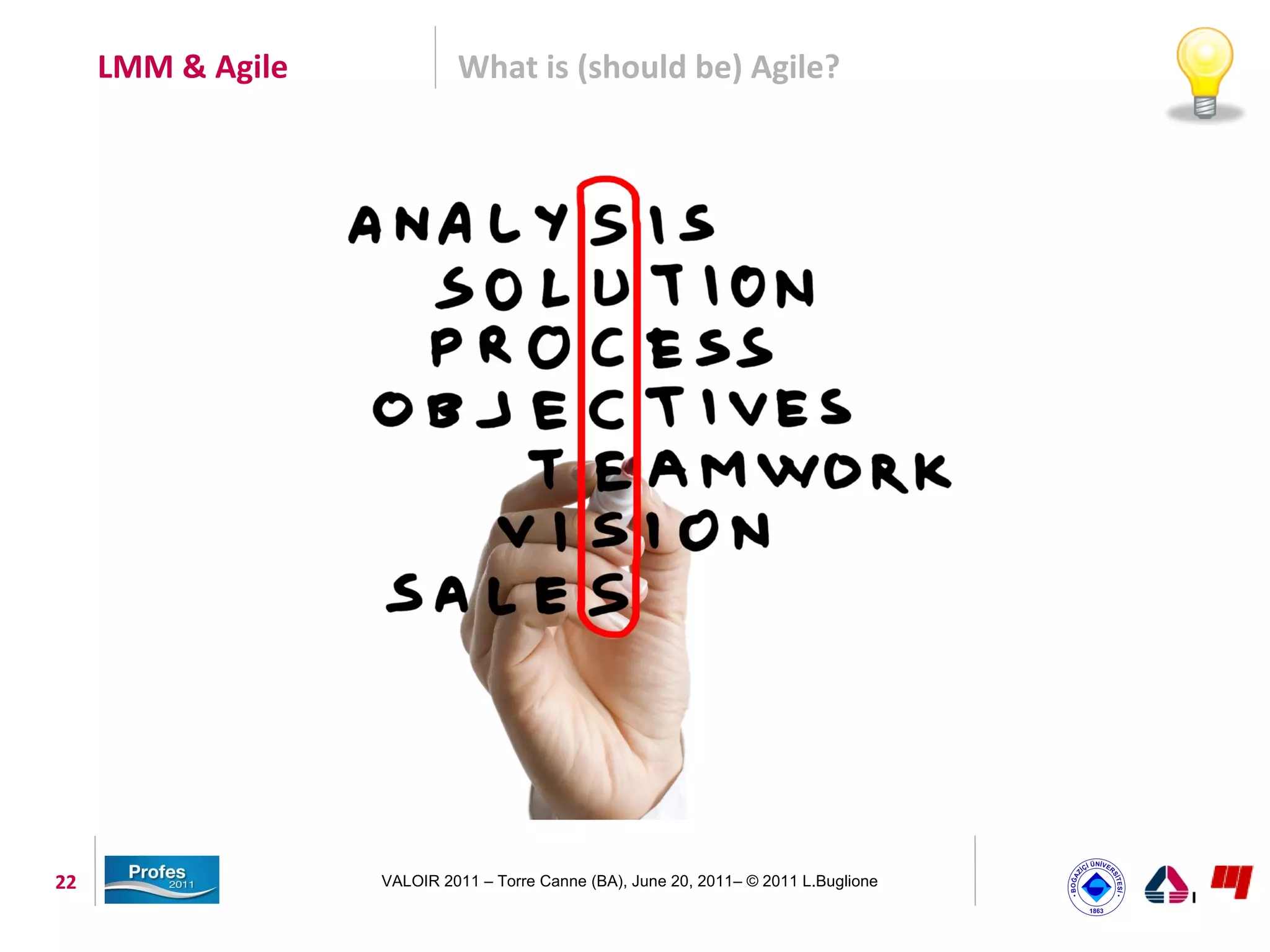 LMM & Agile            What is (should be) Agile?




22                 VALOIR 2011 – Torre Canne (BA), June 20, 2011– © 2011 L.Buglione
 
