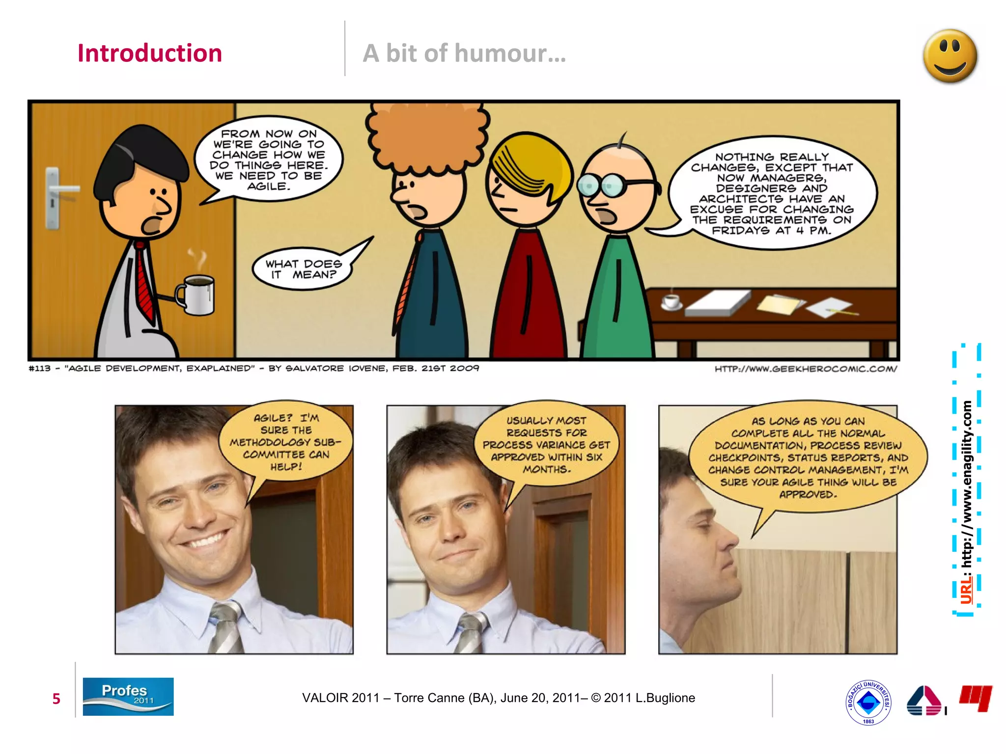 Introduction            A bit of humour…




                                                                                      URL: http://www.enagility.com
5                  VALOIR 2011 – Torre Canne (BA), June 20, 2011– © 2011 L.Buglione
 