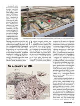 Nessa tarefa os his-
leo raMos




            toriadores recebem
            grandes contribui-
            ções dos geneticistas,
            como mostra a repor-
            tagem “A África nos
            genes do povo brasi-
            leiro” (Pesquisa FA-
            PESP, n o 134) sobre
            a pesquisa do gene-
            ticista Sérgio Danilo
            Pena, da Universida-
            de Federal de Minas
            Gerais (UFMG), que
            comparou o padrão
            de alterações genéti-
            cas compartilhado por
            africanos e brasileiros.
            Com isso, Pena ajudou
            a revisar a versão his-
            tórica de que a maior                   obelisco do Cais da imperatriz: a seta verde indica vestígios do cais de teresa Cristina e a vermelha o valongo recoberto
            parte dos escravos era


                                                                  r
            da região centro-ocidental africana, dei-                     egistros feitos pela igreja de San- da Fundação Oswaldo Cruz (Ensp/Fio-
            xando de lado a participação relevante de                     ta Rita, que administrava o lugar, cruz), concluída recentemente. Foi fei-
            negros vindos da África Ocidental. “Por                       permitem afirmar que 95% dos ta a análise da composição isotópica de
            isso a transdisciplinaridade é fundamental corpos são de pretos novos (os outros estrôncio de esmalte dentário presente
            para entender a escravidão. Cada enfoque 5% seriam de escravos “ladinos”). O sí- nas amostras colhidas em 1996, com a
            é limitado para dar conta das perguntas e tio privilegiado deu origem à pesquisa finalidade de determinar a origem geo-
            nenhum é suficiente. As pesquisas gené- bioarqueológica Por uma antropologia gráfica dos vestígios. “Os dentes são for-
            ticas são muito informativas, mas partem biológica do tráfico de escravos africa- mados na infância e não se remodelam,
            da análise de brasileiros que são descen- nos para o Brasil: análise das origens dos o que permite descobrir onde alguém
            dentes dos escravos”, diz Pena. Daí a im- remanescentes esqueletais do Cemité- viveu seus primeiros anos. O estrôncio
            portância do Cemitério dos Pretos Novos, rio dos Pretos Novos, coordenada pelo é como um DNA geoquímico e existe
            que abrigava primordialmente escravos bioantropólogo Ricardo Ventura Santos, como dois isótopos, de números 86 e 87.
            africanos recém-chegados ao Brasil.                    da Escola Nacional de Saúde Pública As proporções entre eles são assinatu-
                                                                                                                           ras geoquímicas ligadas às característi-
                                                                                                                           cas das rochas de uma região”, explica
                                                                                                                           Sheila de Souza, integrante do projeto.
               rio de Janeiro em 1820                                                                                      A pesquisa revelou uma grande diver-
                                                                                                                           sidade de valores dessas proporções, o
                                 Costão de
                               N. s. da saúde
                                                                                                  ilha das                 que indica (e confirma) que os escravos
                                                                                                   Cobras
                                                                                                                           trazidos ao Rio vieram de múltiplas re-
                                                                                                                           giões da África. Confirmou-se também
                                 rua do
                  saco da
                                cemitério     valongo                                                                      que se tratava de negros africanos, jovens
                  Gamboa
                                                                                                                           e recém-chegados.
                                                                                                                               Para estabelecer essa delimitação fo-
                              Cemitério dos                                                                                ram detectadas “modificações intencio-
                              pretos Novos
                                                                                                                           nais dos dentes”, cortes feitos na arcada
                                                                                     paço                                  de motivação cultural, característicos de
                                                                                                                           regiões africanas como Moçambique, o
                                                                                                                           que, de certa forma, corrobora a tese de
                                                                                                                           Pena. “Vimos também o polimento dos
                                                                                                                           dentes, que geram ranhuras microscópi-
                           rJ                                                                                              cas e são características da higiene bucal
                                                                                                                           de grupos africanos, que usavam gravetos
                                                                                                       praia de            nos dentes e mastigavam plantas como
                                                                                                     santa Luzia
                    Contorno                                                                                               ‘pasta dental’. É uma prática restrita de
                    da cidade                                                                                              pretos novos, pois, uma vez aqui, não
                    atual                                                        Lapa
                                                                                                                           havia como mantê-la. Dentes de ‘ladi-

                                                                                                                                                    pesquisa Fapesp 190 | 27
 