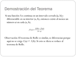 Demostración del Teorema Si una función  f  es continua en un intervalo cerrado [a, b] y diferenciable en su interior (a, b), entonces existe al menos un número  c  en cada (a, b). Observación: El teorema de Rolle es similar, se diferencian porque aqui no se exige  f (a) =  f (b).  Si esto se diera se reduce al teorema de Rolle. 