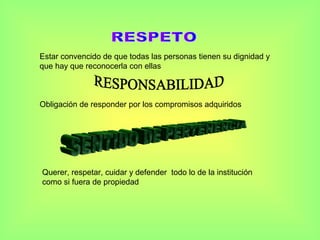 Estar convencido de que todas las personas tienen su dignidad y
que hay que reconocerla con ellas
Obligación de responder por los compromisos adquiridos
Querer, respetar, cuidar y defender todo lo de la institución
como si fuera de propiedad
 