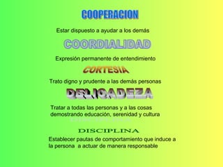 Estar dispuesto a ayudar a los demás
Expresión permanente de entendimiento
Trato digno y prudente a las demás personas
Tratar a todas las personas y a las cosas
demostrando educación, serenidad y cultura
Establecer pautas de comportamiento que induce a
la persona a actuar de manera responsable
 