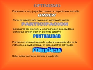 Propensión a ver y juzgar las cosas en su aspecto mas favorable
Poner en práctica toda norma que favorezca la justicia
Entusiasmo por intervenir y tomar partes en las actividades
diarias que tengan lugar en el ámbito colectivo
Precisión en el cumplimiento de los horarios establecidos en la
institución o a nivel personal, en todas nuestras actividades
Saber actuar con tacto, sin herir a los demás
 