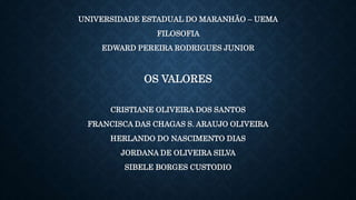 UNIVERSIDADE ESTADUAL DO MARANHÃO – UEMA
FILOSOFIA
EDWARD PEREIRA RODRIGUES JUNIOR
OS VALORES
CRISTIANE OLIVEIRA DOS SANTOS
FRANCISCA DAS CHAGAS S. ARAUJO OLIVEIRA
HERLANDO DO NASCIMENTO DIAS
JORDANA DE OLIVEIRA SILVA
SIBELE BORGES CUSTODIO
 