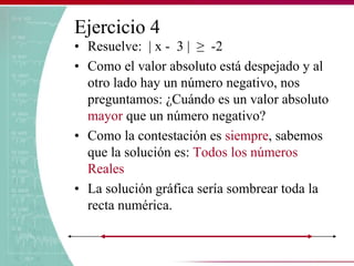 Ejercicio 4
• Resuelve: | x - 3 | ≥ -2
• Como el valor absoluto está despejado y al
otro lado hay un número negativo, nos
preguntamos: ¿Cuándo es un valor absoluto
mayor que un número negativo?
• Como la contestación es siempre, sabemos
que la solución es: Todos los números
Reales
• La solución gráfica sería sombrear toda la
recta numérica.
 