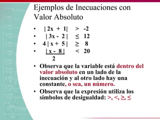 Ejemplos de Inecuaciones con
Valor Absoluto
• | 2x + 1| > -2
• | 3x - 2 | ≤ 12
• 4 | x + 5 | ≥ 8
• | x - 8 | < 20
2
• Observa que la variable está dentro del
valor absoluto en un lado de la
inecuación y al otro lado hay una
constante, o sea, un número.
• Observa que la expresión utiliza los
símbolos de desigualdad: >, <, ≥, ≤
 