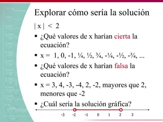 Explorar cómo sería la solución
| x | < 2
 ¿Qué valores de x harían cierta la
ecuación?
 x = 1, 0, -1, ¼, ½, ¾, -¼, -½, -¾, ...
 ¿Qué valores de x harían falsa la
ecuación?
 x = 3, 4, -3, -4, 2, -2, mayores que 2,
menores que -2
 ¿Cuál sería la solución gráfica?
-3 -2 -1 0 1 2 3
 