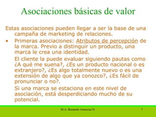Asociaciones básicas de valor Estas  asociaciones pueden llegar a ser la base de una campaña de marketing de relaciones.  Primeras asociaciones:  Atributos de percepción  de la marca. Previo a distinguir un producto, una marca le crea una identidad.  El cliente la puede evaluar siguiendo pautas como ¿A qué me suena?, ¿Es un producto nacional o es extranjero?, ¿Es algo totalmente nuevo o es una extensión de algo que ya conozco?, ¿Es fácil de pronunciar o no?.  Si una marca se estaciona en este nivel de asociación, está desperdiciando mucho de su potencial.  