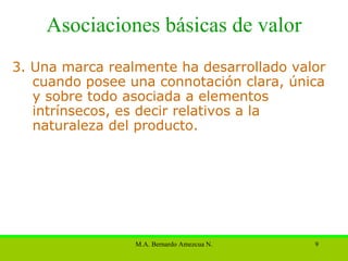 Asociaciones básicas de valor 3.  Una marca realmente ha desarrollado valor cuando posee una connotación clara, única y sobre todo asociada a elementos intrínsecos, es decir relativos a la naturaleza del producto.  