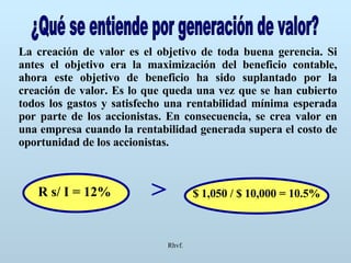 Rhvf. ¿Qué se entiende por generación de valor? La creación de valor es el objetivo de toda buena gerencia. Si antes el objetivo era la maximización del beneficio contable, ahora este objetivo de beneficio ha sido suplantado por la creación de valor. Es lo que queda una vez que se han cubierto todos los gastos y satisfecho una rentabilidad mínima esperada por parte de los accionistas. En consecuencia, se crea valor en una empresa cuando la rentabilidad generada supera el costo de oportunidad de los accionistas. > R s/ I = 12% $ 1,050 / $ 10,000 = 10.5% 