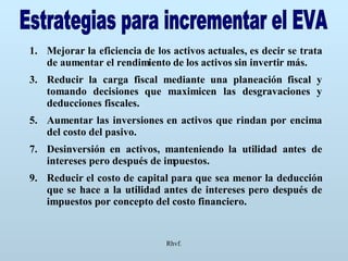 Rhvf. Estrategias para incrementar el EVA Mejorar la eficiencia de los activos actuales, es decir se trata de aumentar el rendimiento de los activos sin invertir más. Reducir la carga fiscal mediante una planeación fiscal y tomando decisiones que maximicen las desgravaciones y deducciones fiscales. Aumentar las inversiones en activos que rindan por encima del costo del pasivo. Desinversión en activos, manteniendo la utilidad antes de intereses pero después de impuestos. Reducir el costo de capital para que sea menor la deducción que se hace a la utilidad antes de intereses pero después de impuestos por concepto del costo financiero. 